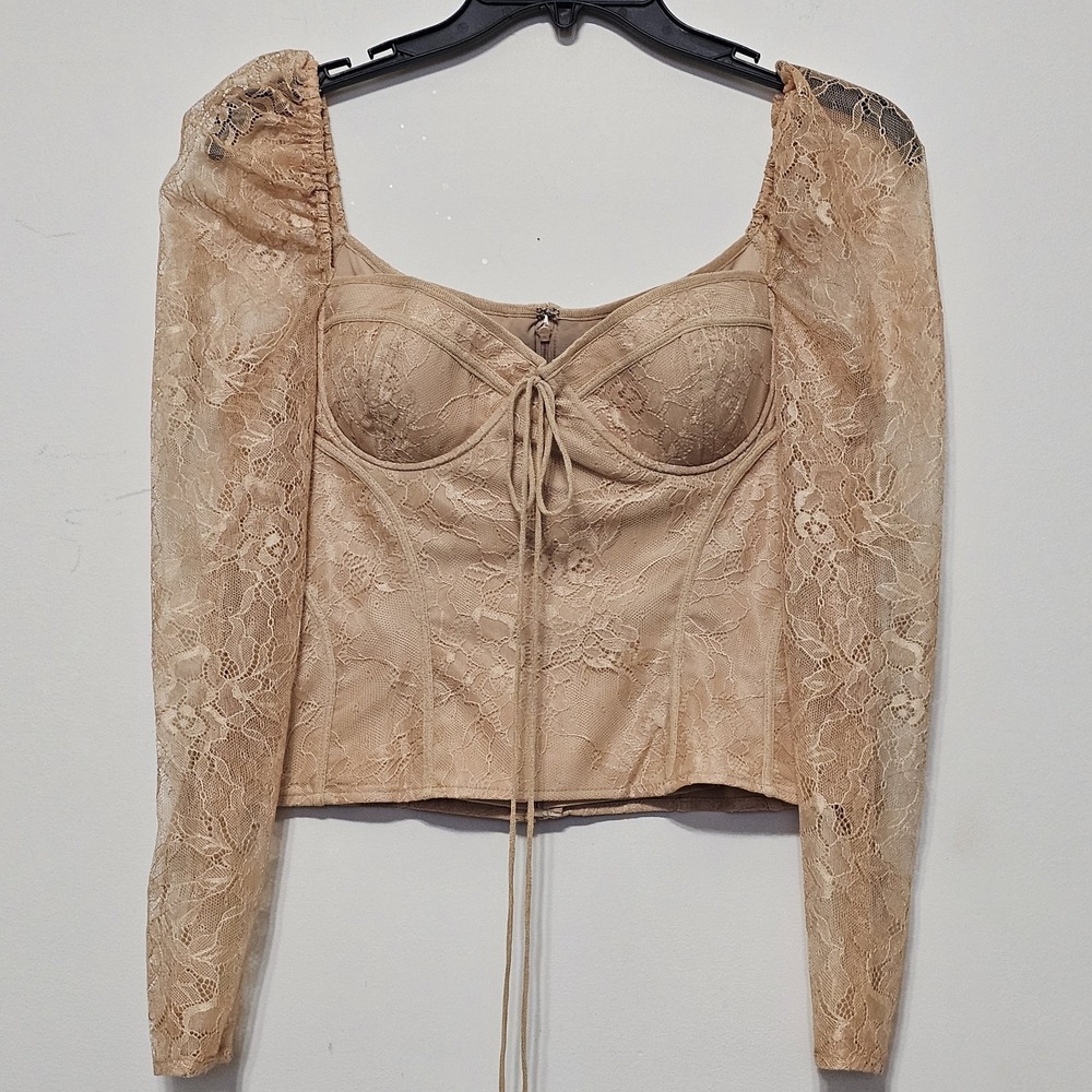 Chelsea & Violet Women's Top Size 4 Brown Sweetheart Long Lace Sleeve Puffed 258